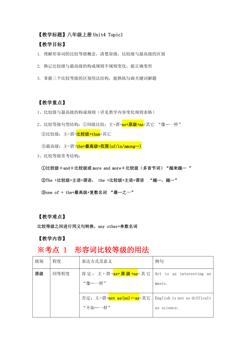 重庆市仁爱版初中英语八年级上册 Unit4 Topic1 What's the strongest animal on the farm 重要知识点及练习（无答案）