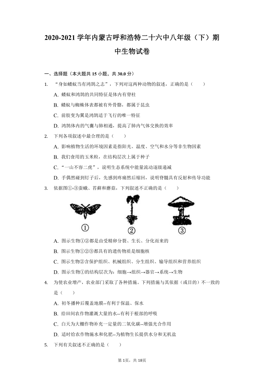 2020-2021学年内蒙古呼和浩特二十六中八年级（下）期中生物试卷（word版 含解析）