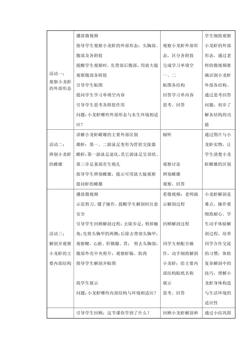 沪教版生物八年级第二册4.2.10观察和解剖小龙虾（实验）教案(word表格版)