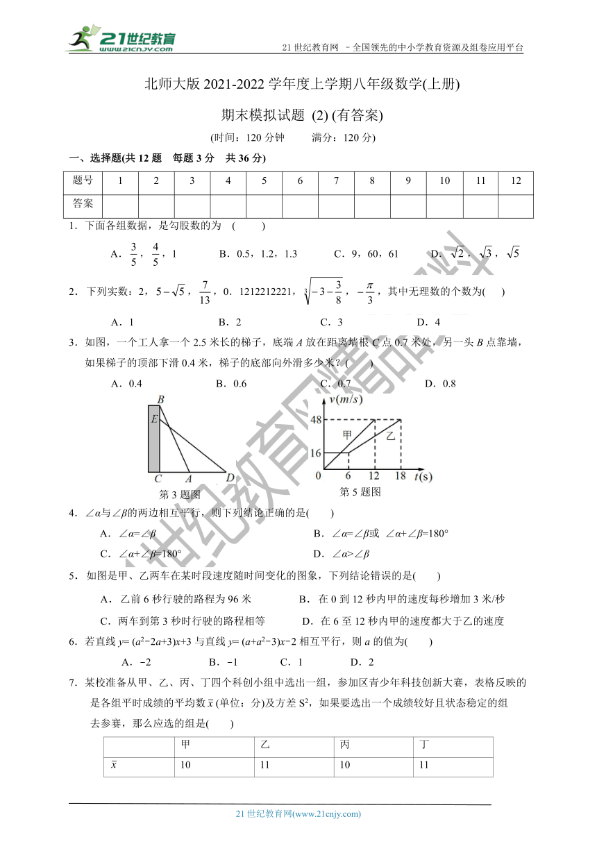 北师大版2021-2022学年度上学期八年级数学(上册)期末模拟试题2（含答案）