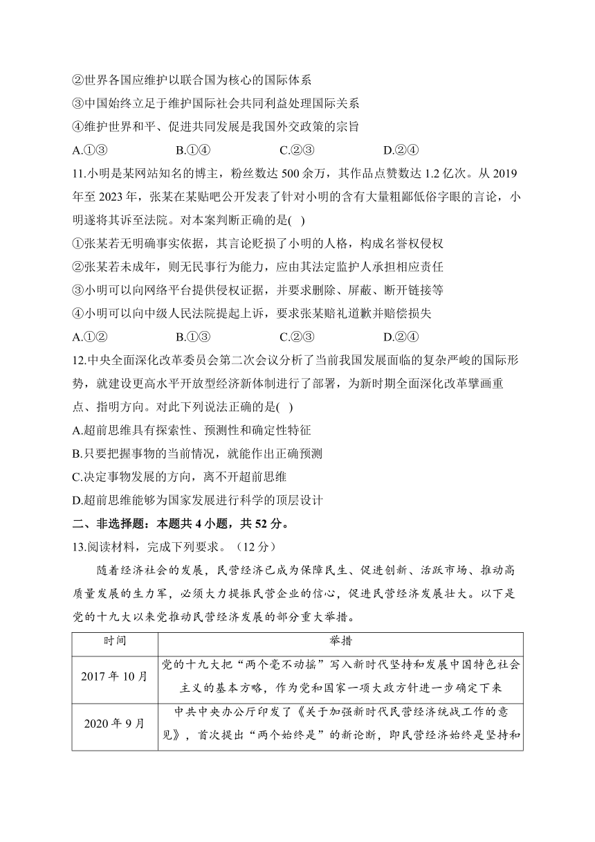 2024届高考政治模拟卷 【新课标卷】（含解析）