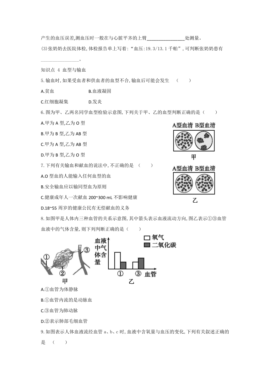 浙教版科学九年级上册同步课时练习：4.3 体内物质的运输 第3课时（含答案）