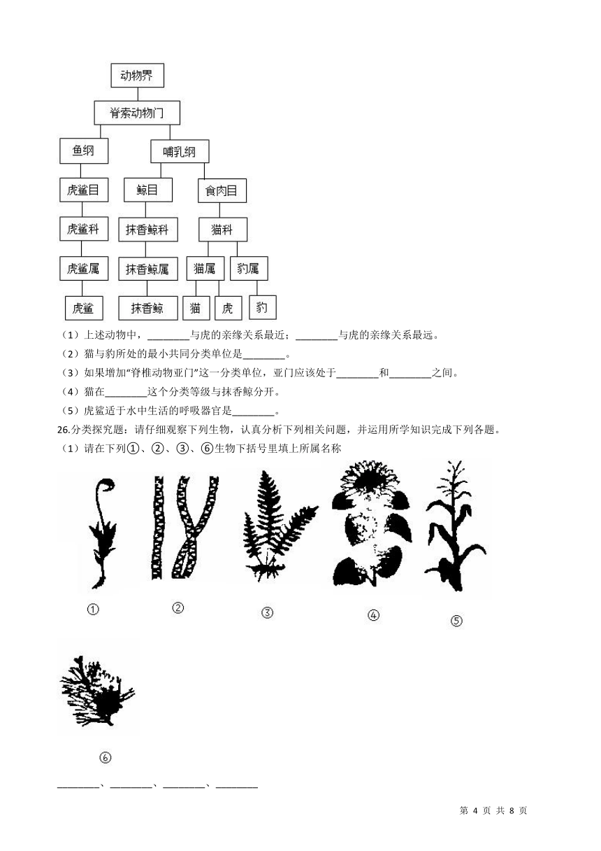 2021-2022学年度北师大版八年级生物下册22.1生物的分类 同步练习（word版，含答案）