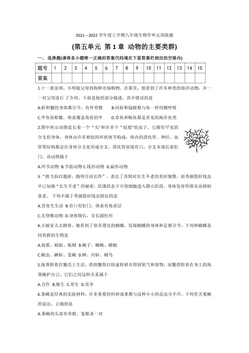 2021---2022学年度上学期八年级生物学第五单元 第1章 动物的主要类群单元训练题（含答案）