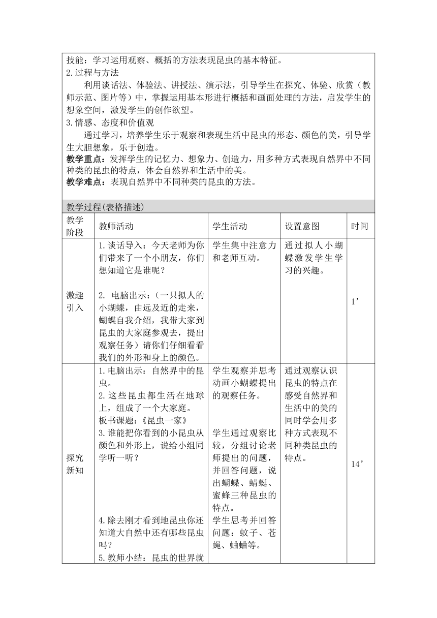 人美版（北京） 一年级上册美术 第11课.  昆虫的一家 教案（表格式）