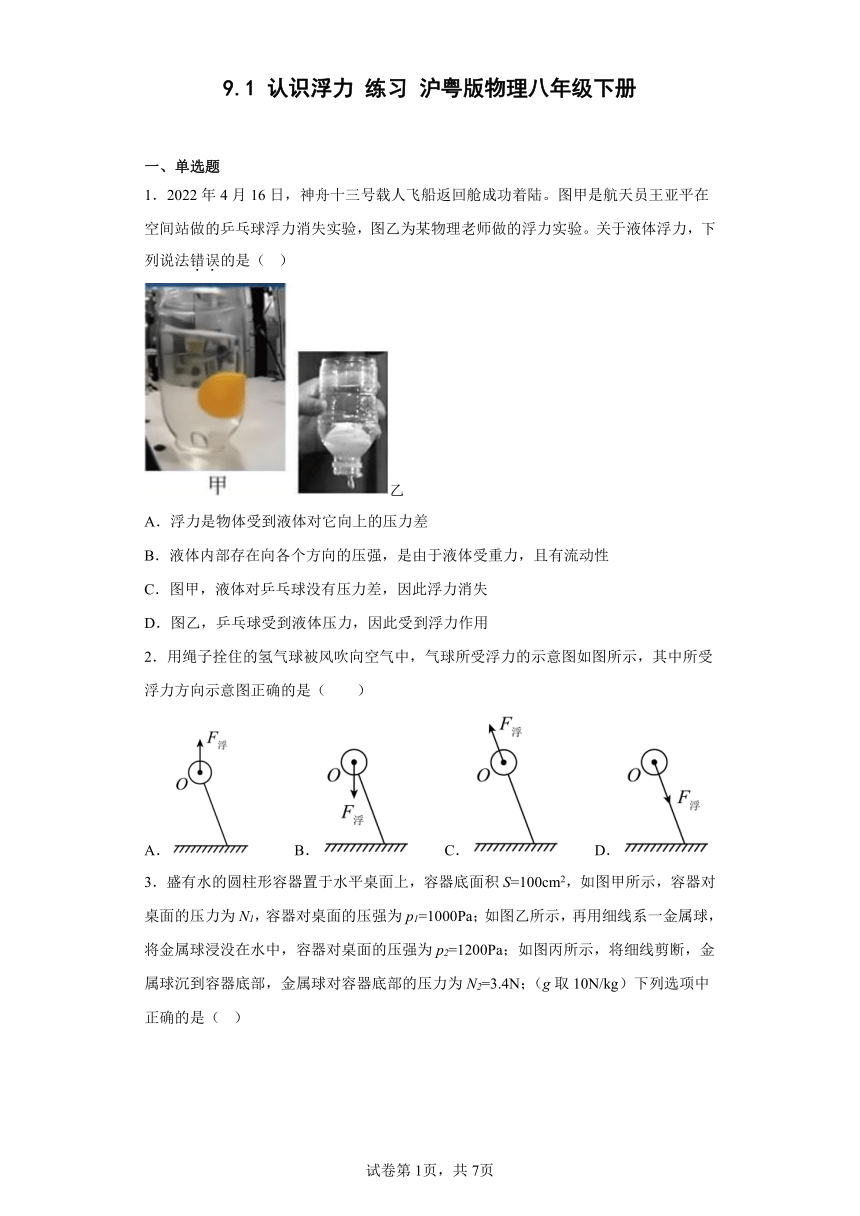 9.1 认识浮力 练习 沪粤版物理八年级下册（含答案）