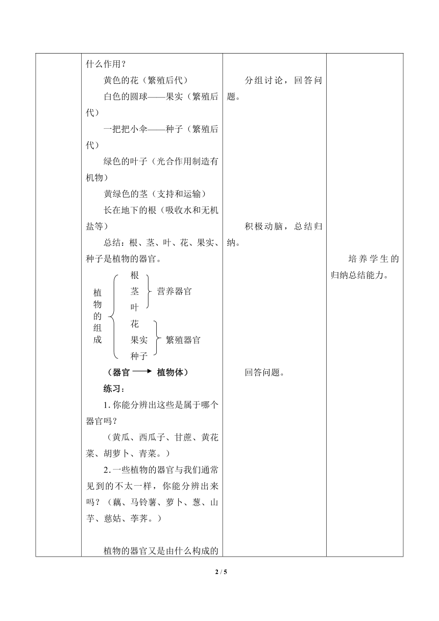 苏科版生物七年级下册 第9章 第1节植物体的组成教案（表格式）