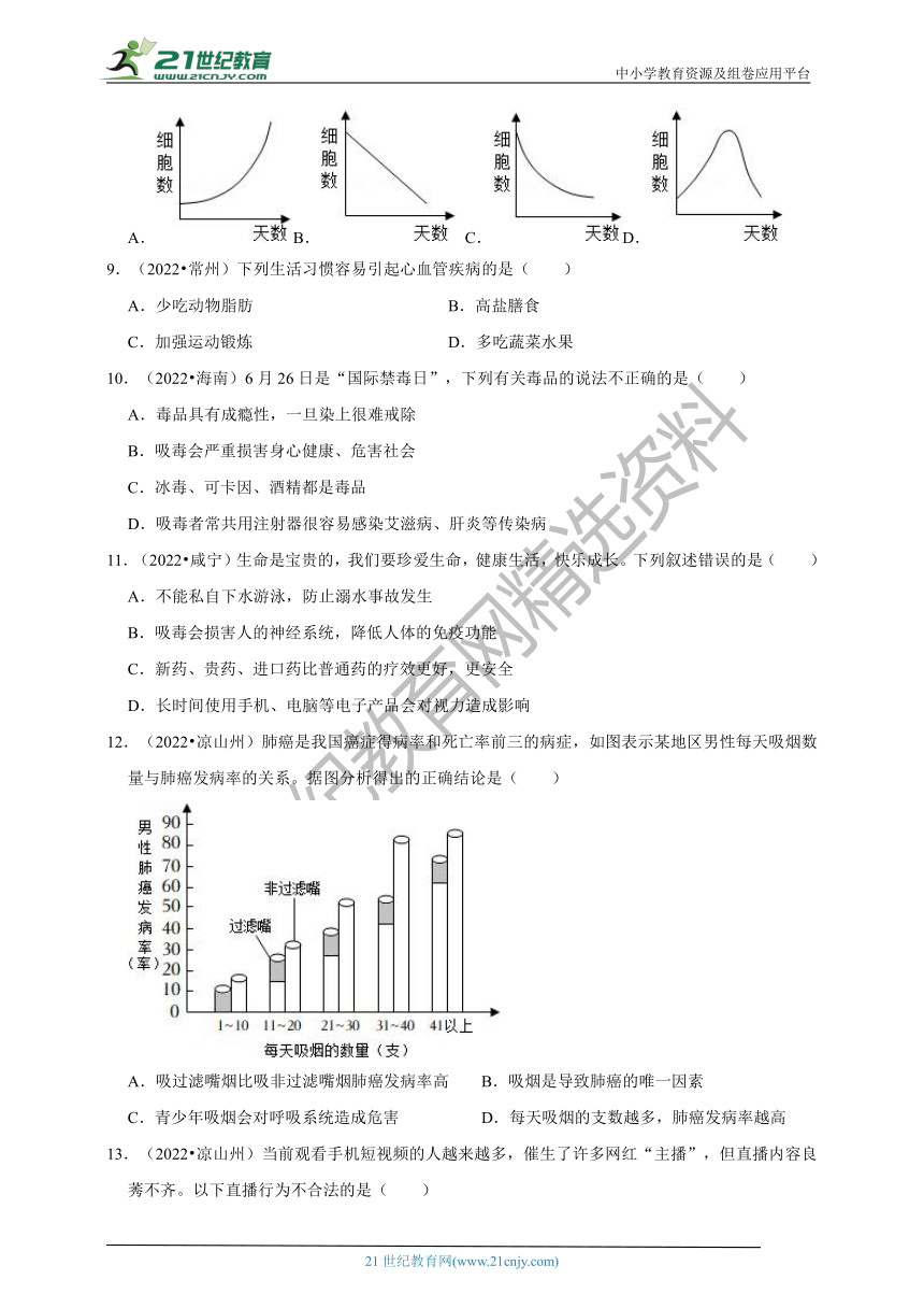 【备考2023】2022年中考生物真题分类汇编19——威胁人类健康的疾病+吸烟酗酒吸毒的危害+医学常识部分（含解析）