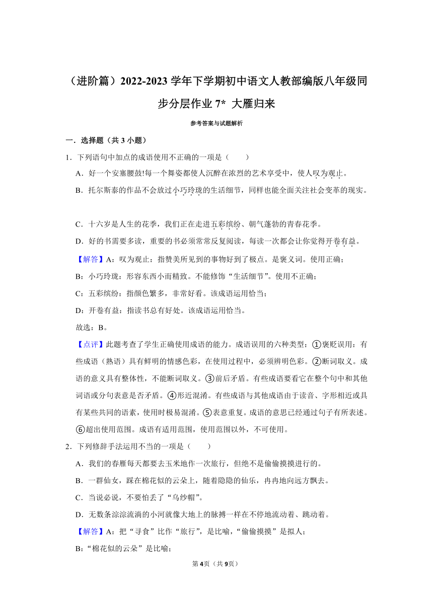 （进阶篇）2022-2023学年下学期初中语文人教部编版八年级同步分层作业7 大雁归来 （含解析）