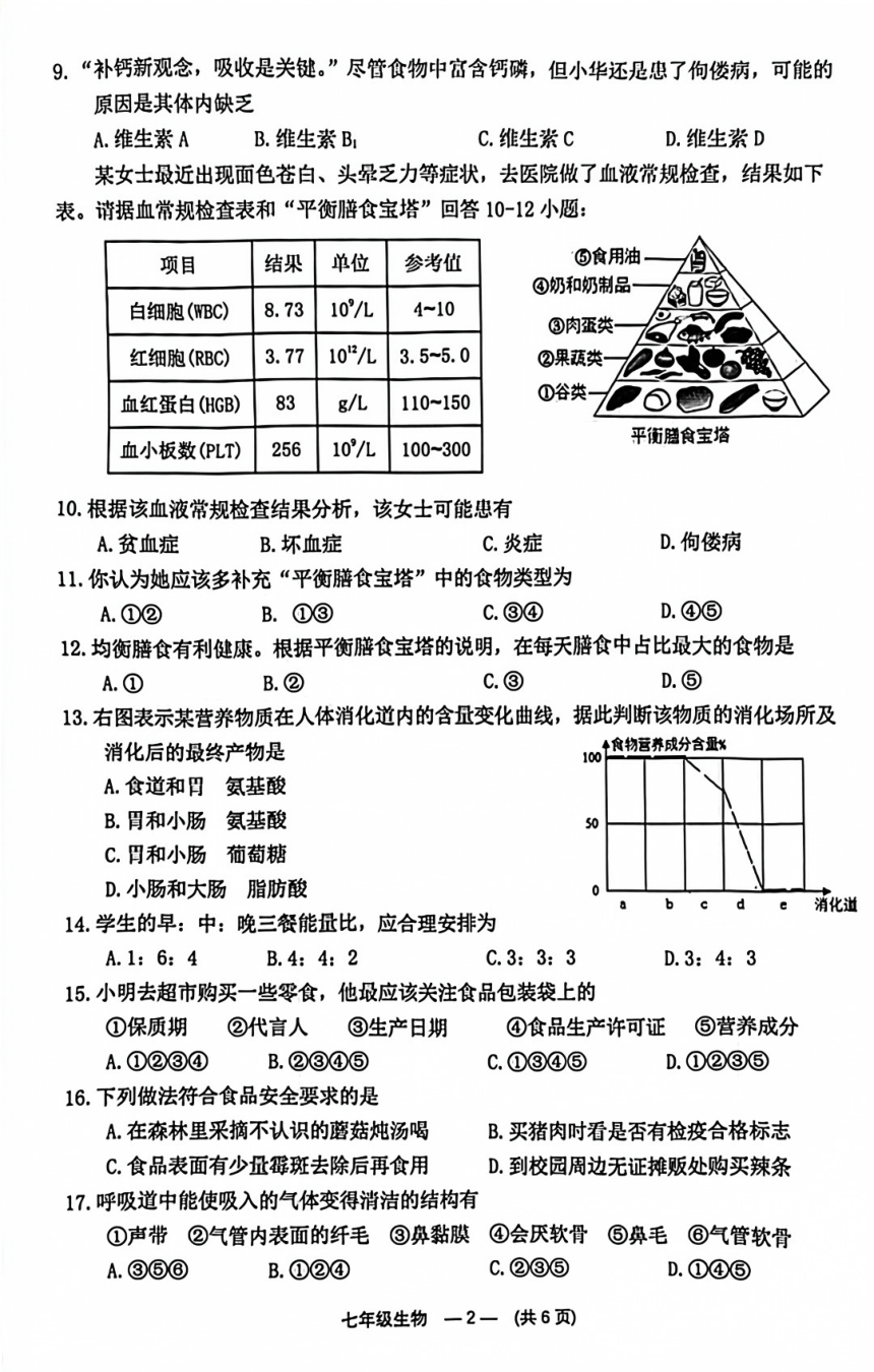 2023-2024学年福州市连江县七年级第二学期期中生物试题（PDF版无答案）