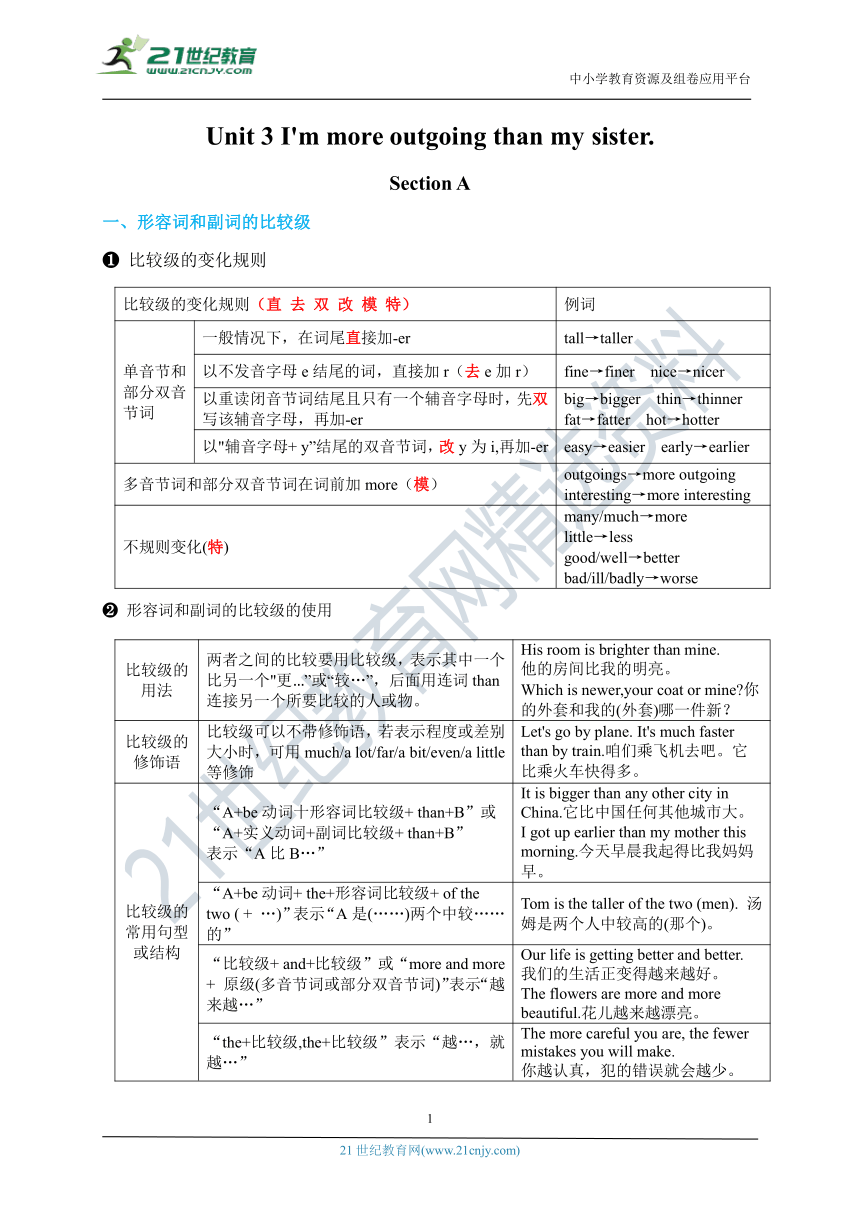 Unit 3 I'm more outgoing than my sister Section A 重要知识考点+练习过关（含答案）