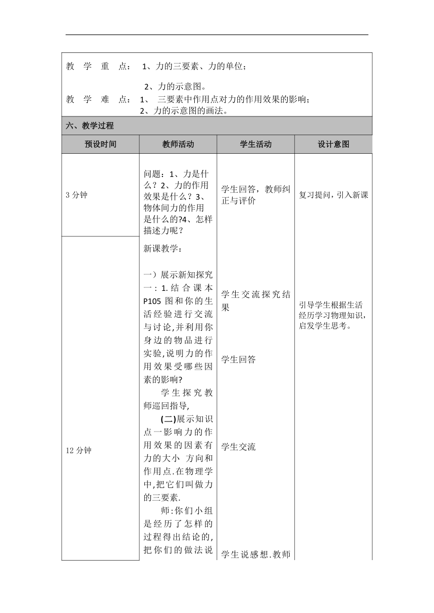 6.2怎样描述力教案 沪科版八年级全一册物理（表格式）