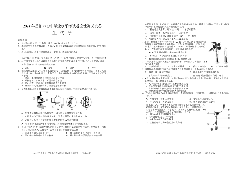 2024岳阳市生物适应性考试卷(印刷版1)