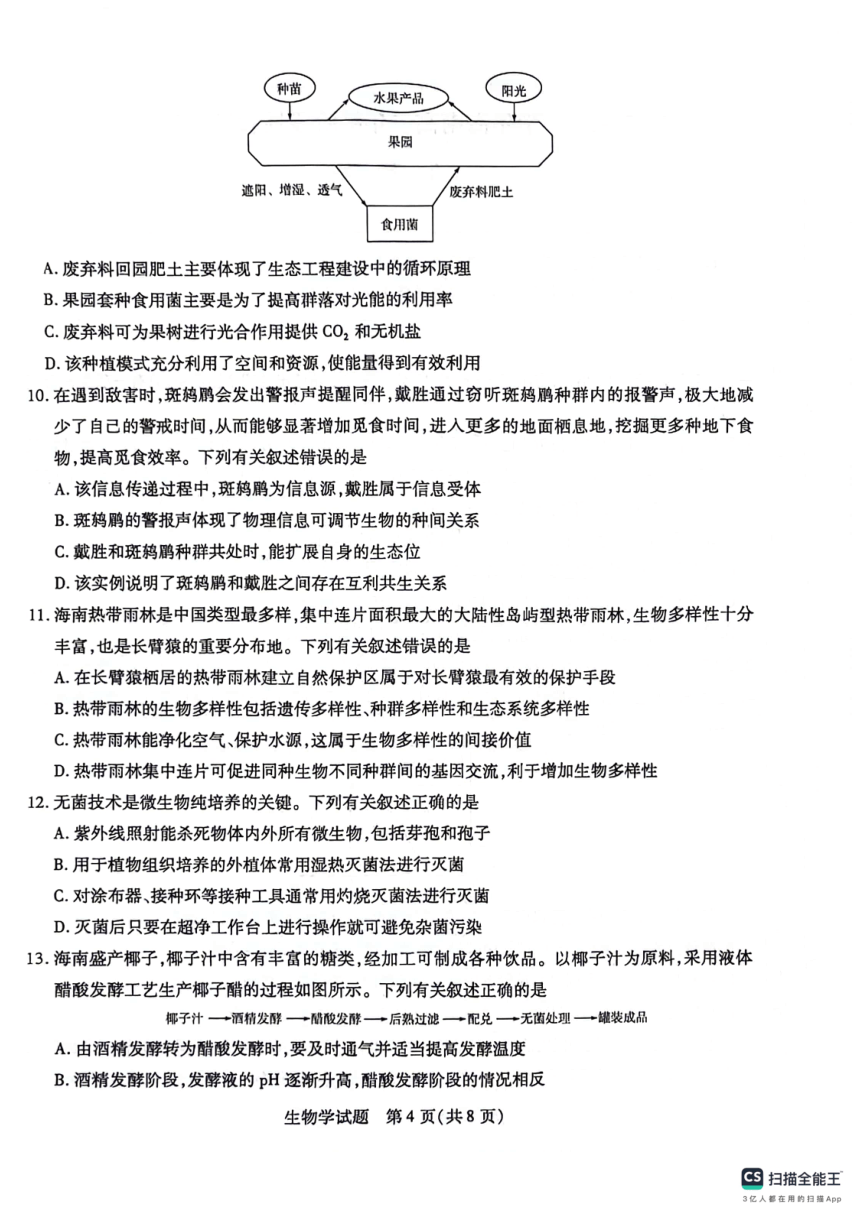 海南省期中联考2023-2024学年高二下学期4月期中生物试题（pdf版无答案）