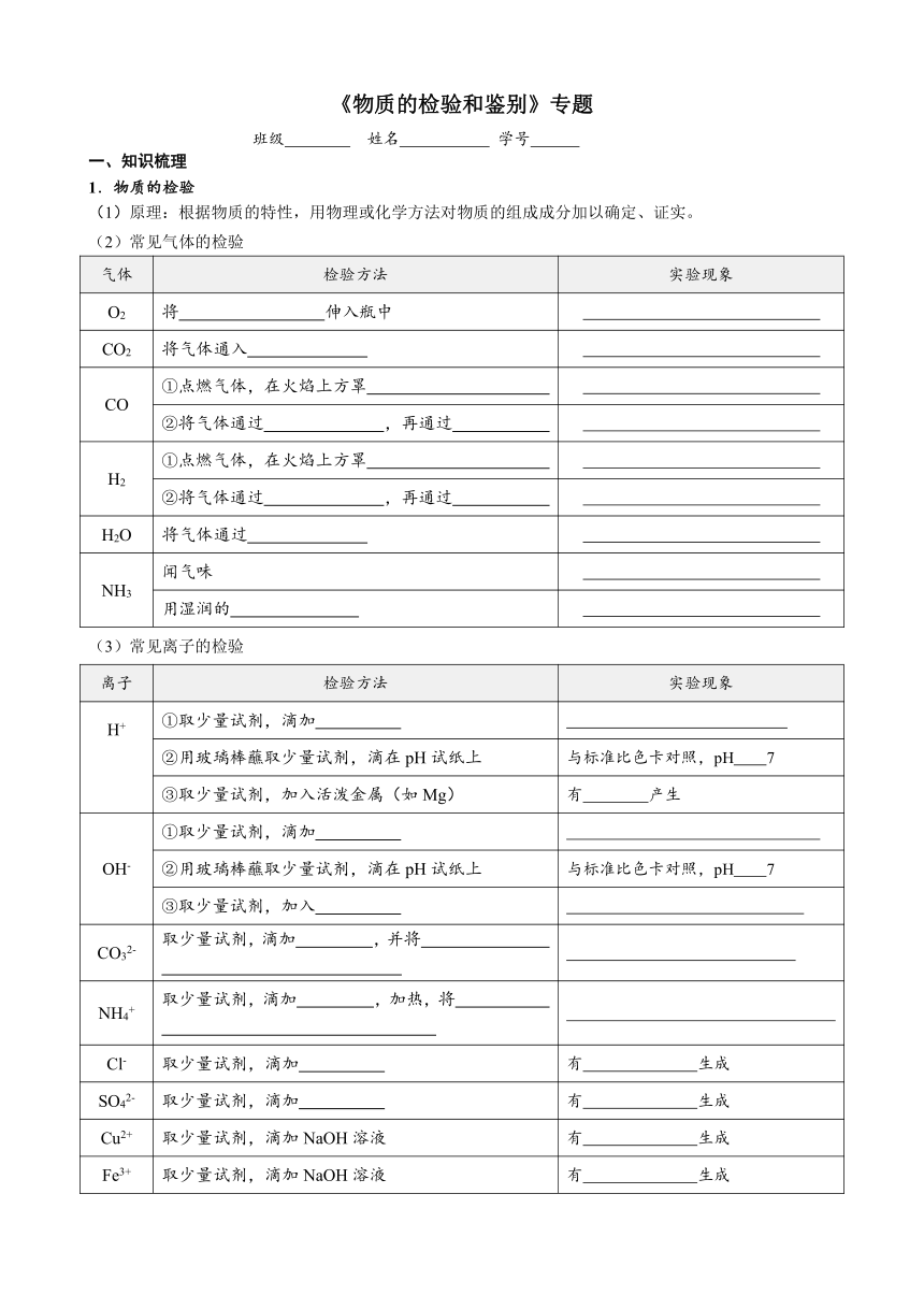 物质的检验和鉴别 考点测试 2021年中考化学专题复习