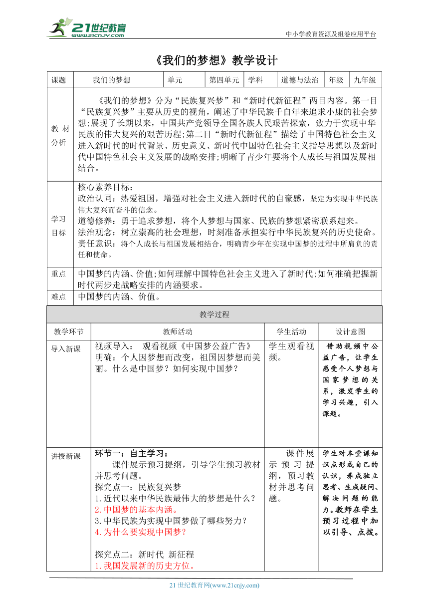 【核心素养目标】 8.1《我们的梦想》表格式教学设计