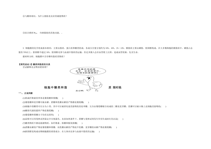 2.3细胞中的糖类和脂质学案-2022-2023学年高一上学期生物人教版（2019）必修1（含答案）