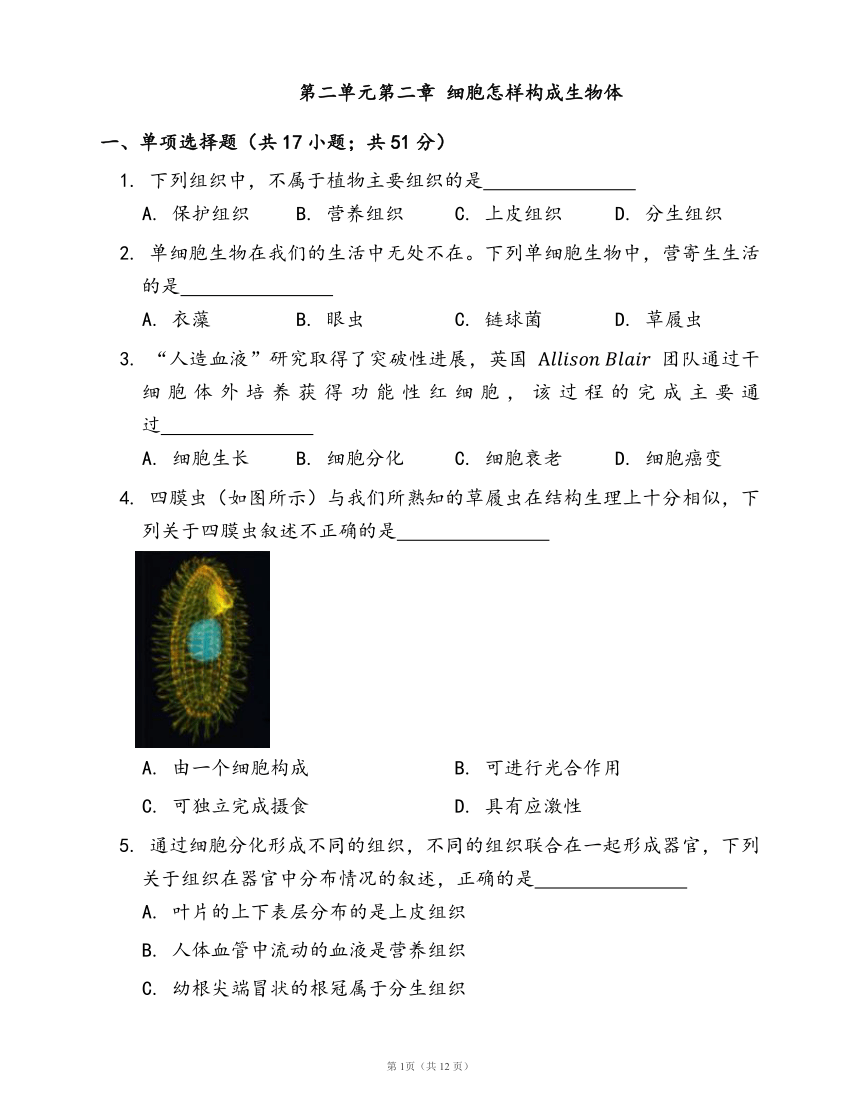 人教版七年级生物上册第二单元第二章 细胞怎样构成生物体随堂练习（word版含答案）