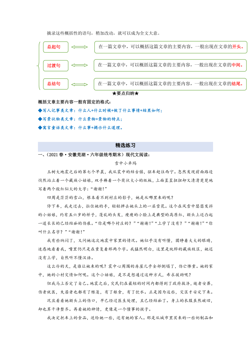 2023年小升初语文阅读理解专项复习讲练测专题01 概括文章的主要内容（有解析）