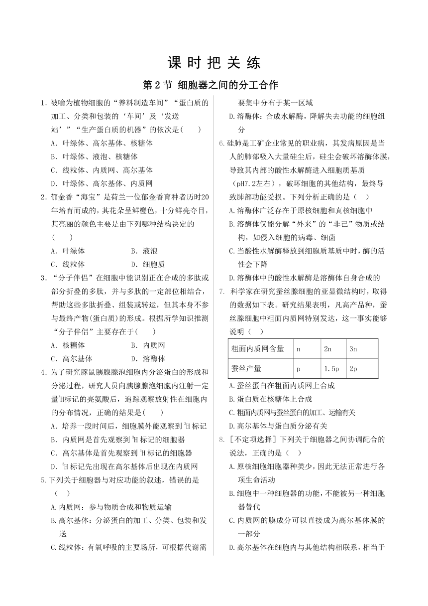 3.2细胞器之间的分工合作同步练习（含答案）2022-2023学年高一上学期生物人教版必修1