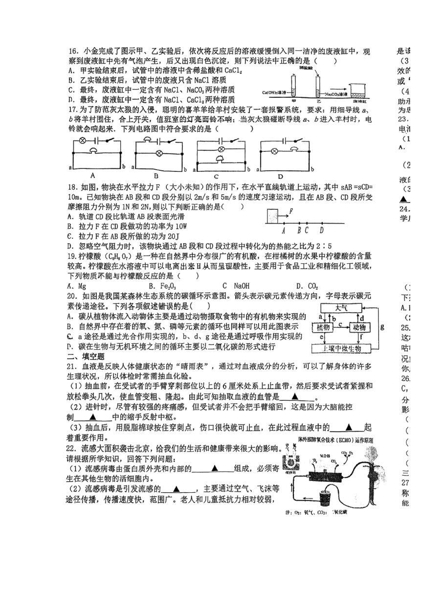 浙江省杭州市采荷实验中学2023年4月中考模拟科学试题（pdf版，无答案）