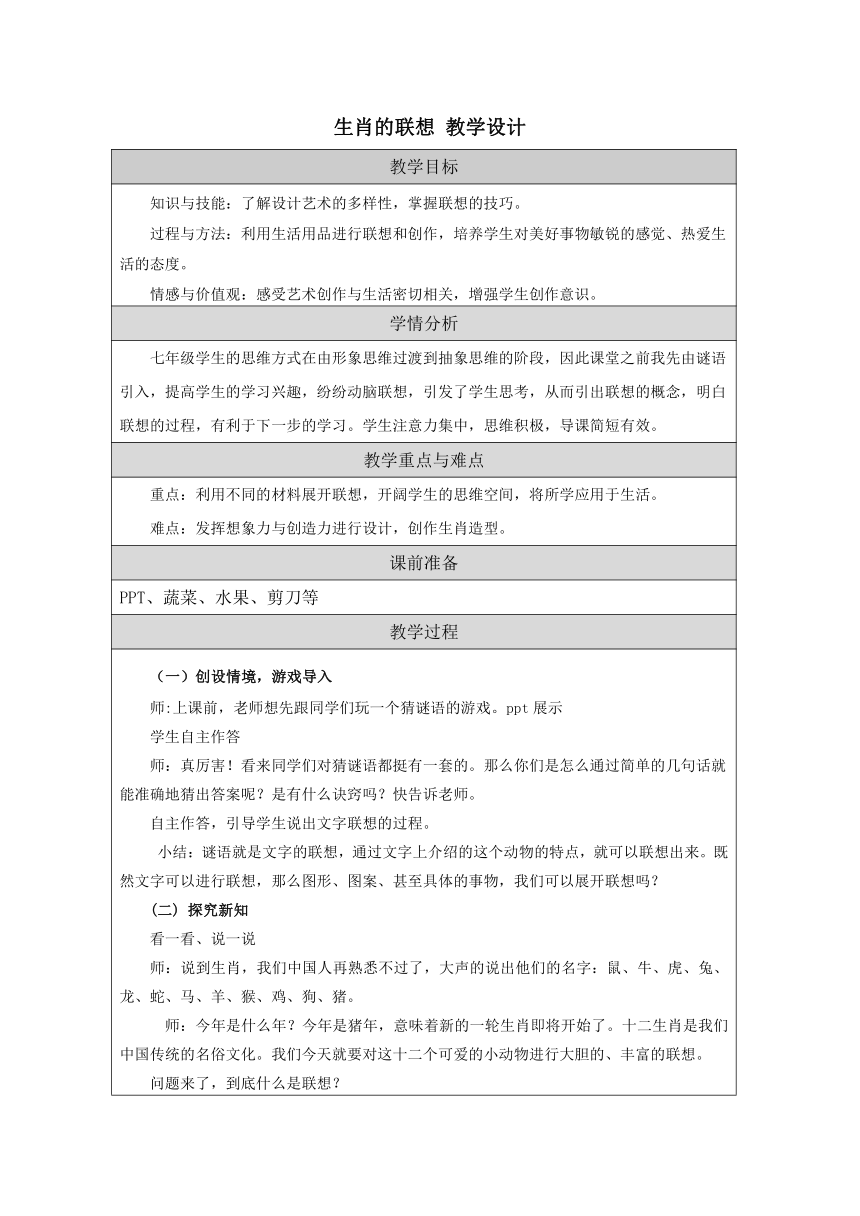 第４课 生肖的联想 教学设计 2022-2023学年人美版初中美术七年级上册