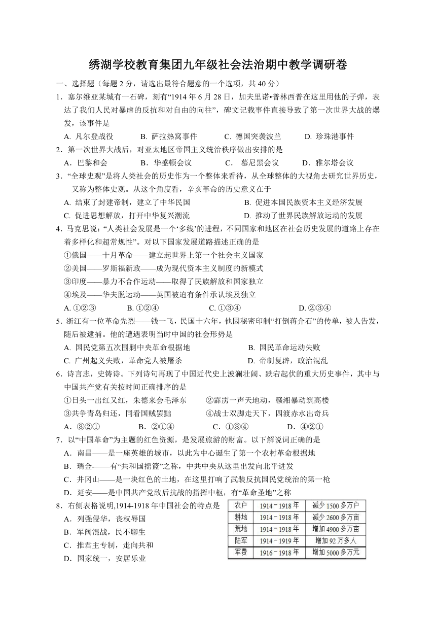 浙江省义乌市绣湖学校教育集团2021-2022学年九年级上学期期中教学调研考试社会法治【试卷+答案】