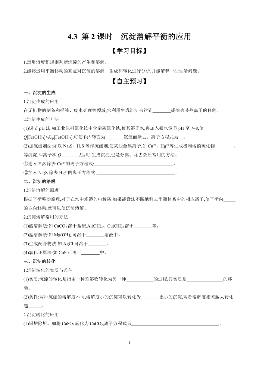 3.3 第2课时 沉淀溶解平衡的应用  学案（含答案） 2023-2024学年高二化学鲁科版（2019）选择性必修1