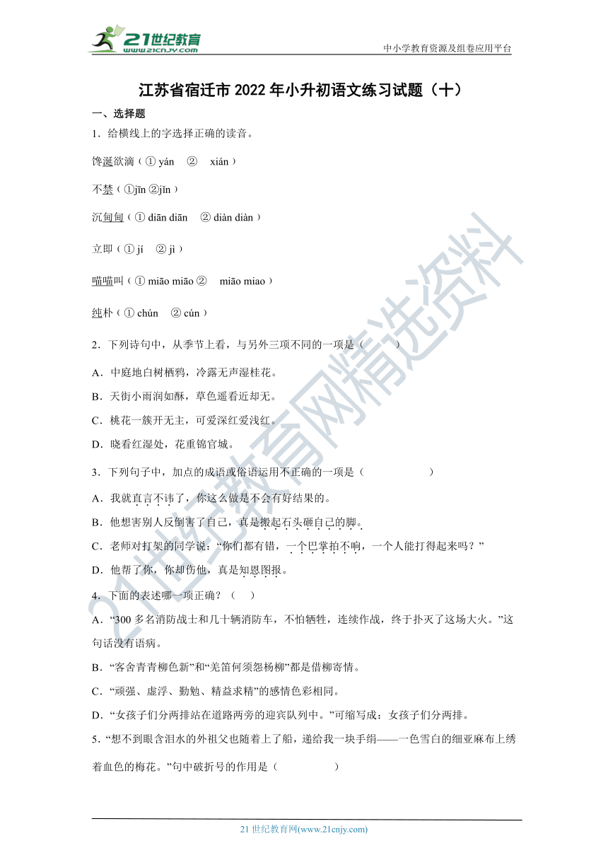 江苏省宿迁市2022年小升初语文练习试题（十）（含答案）