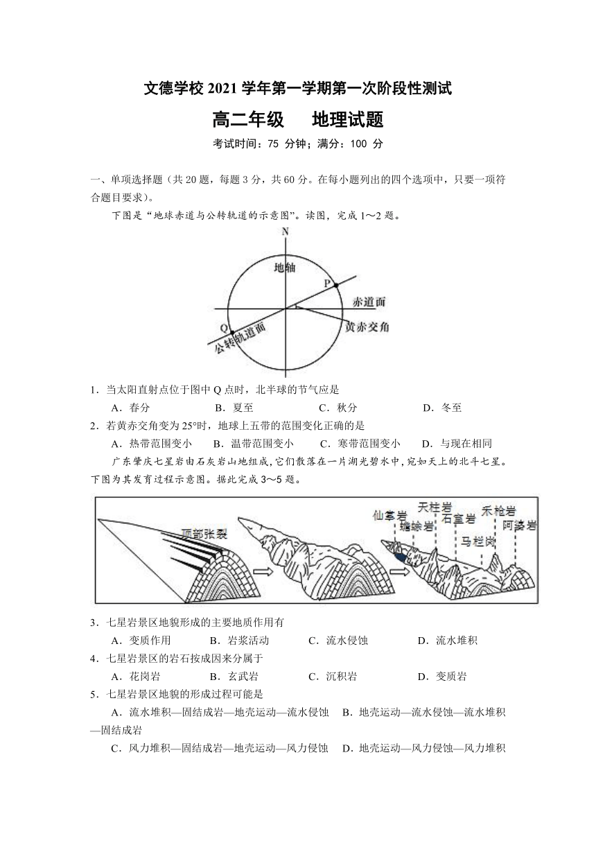 广东顺德文德学校2021-2022学年高二上学期第一次阶段测试地理试卷（Word版含答案）