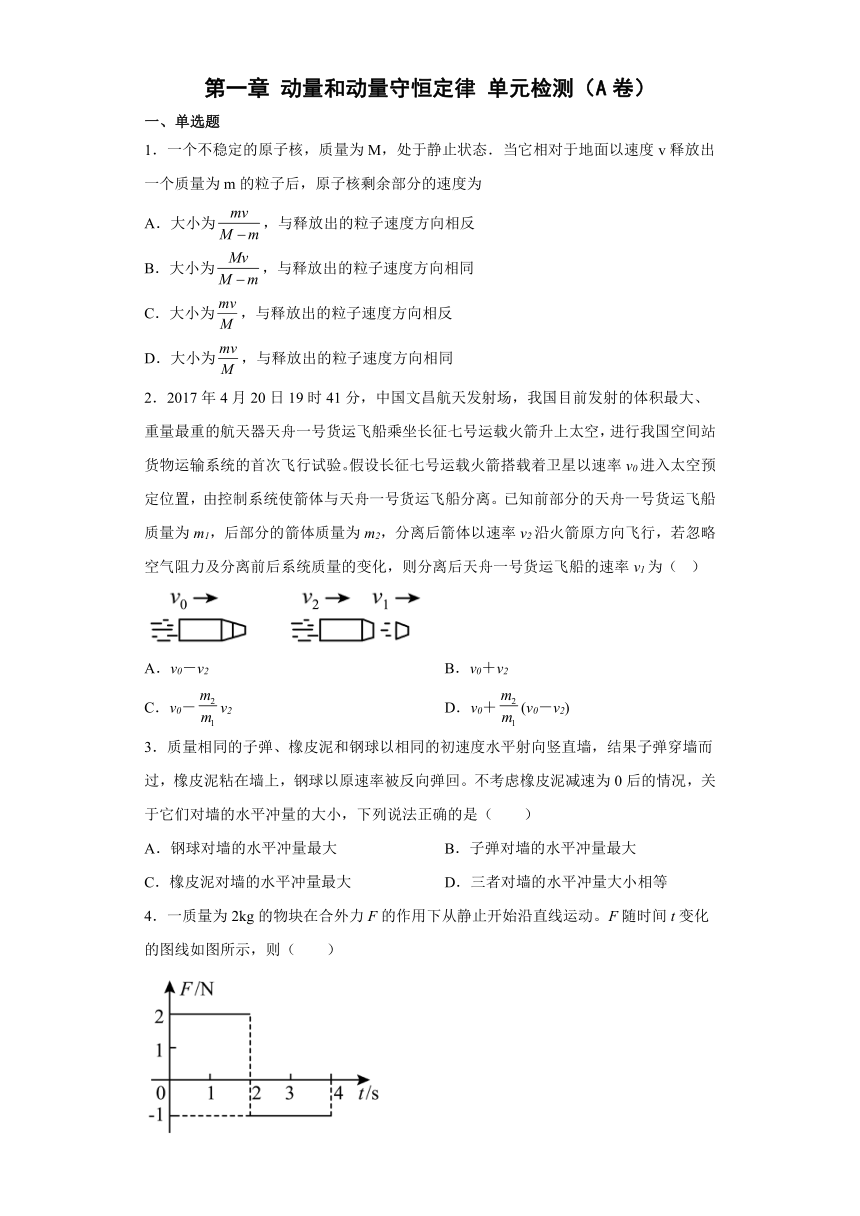高二物理粤教版（2019）选择性必修一  第一章 动量和动量守恒定律 单元检测（A卷）（含解析）
