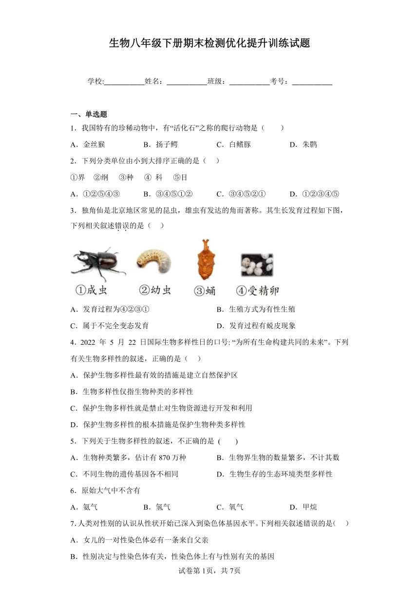 鲁科版生物八年级下册期末检测优化提升训练试题3（含解析）