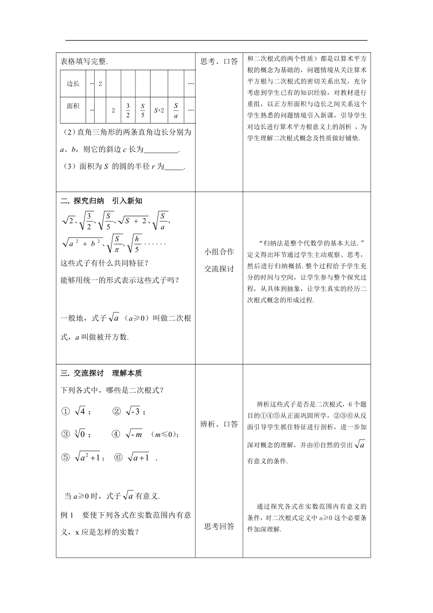 苏科版数学八年级下册12.1 二次根式 教学设计（表格式）