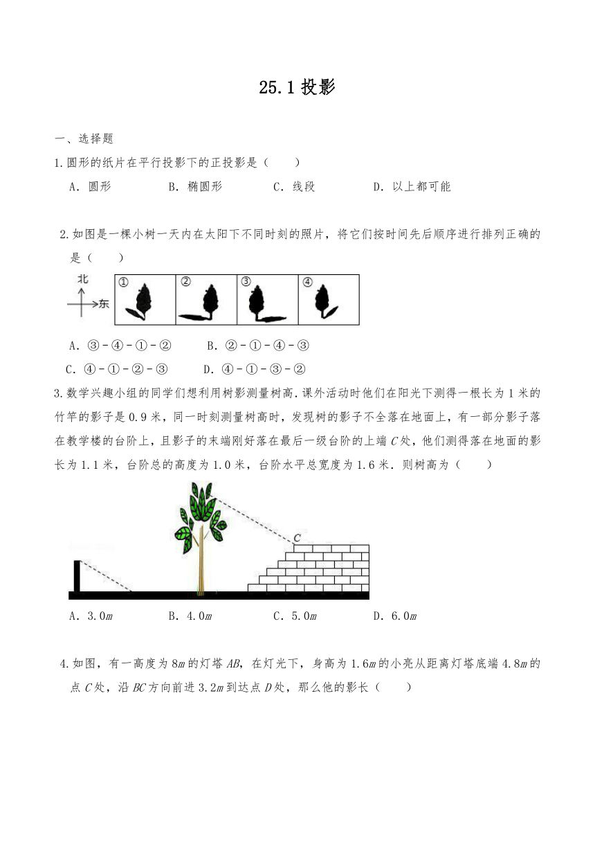 沪科版九年级数学下册试题  25.1投影 一课一练（含答案）