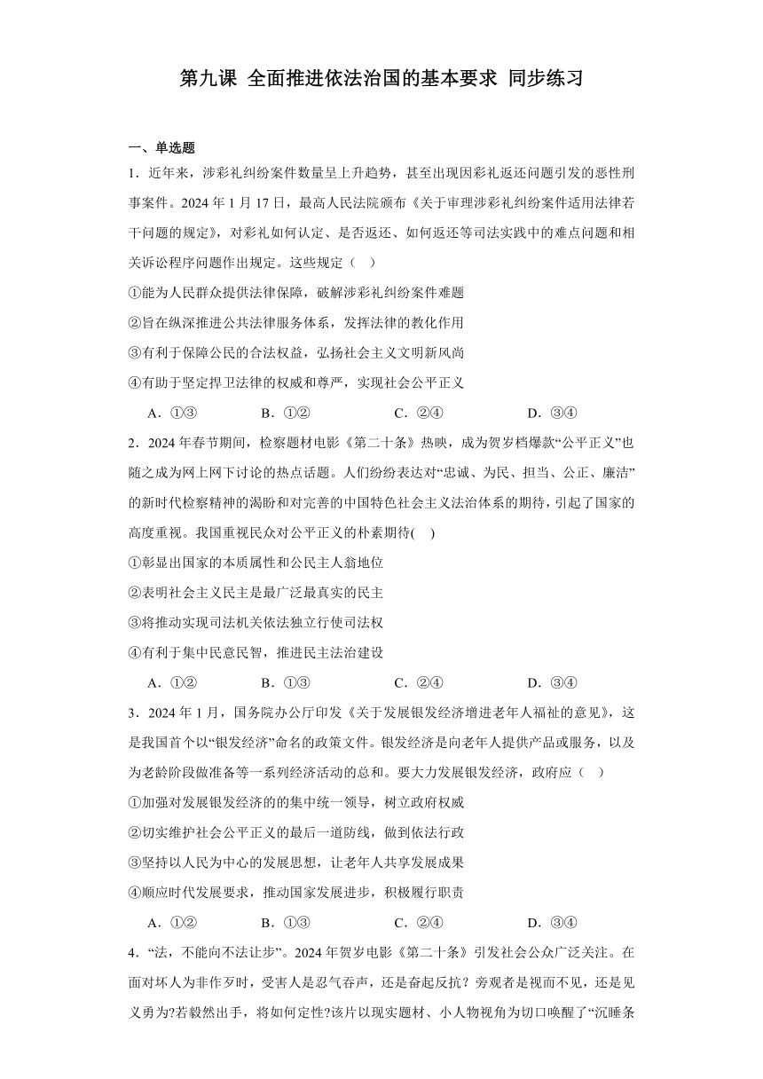 第九课全面推进依法治国的基本要求同步练习-（含解析）2023-2024学年高中政治统编版必修三政治与法治