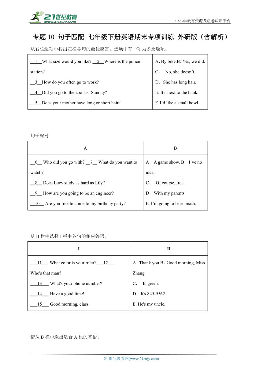 专题10 句子匹配 七年级下册英语期末专项训练 外研版（含解析）