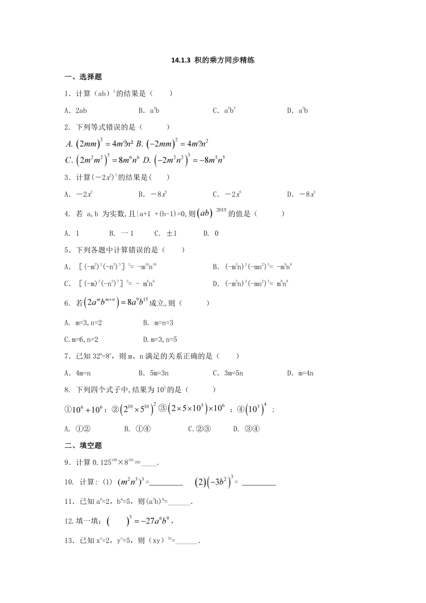 人教版八年级数学上册第十四章14.1.3 积的乘方同步精练 (无答案）