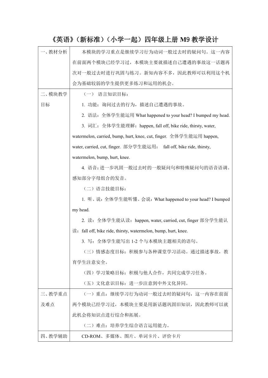 外研版英语（一年级起点）四年级上册 Module9 模块表格式教学设计