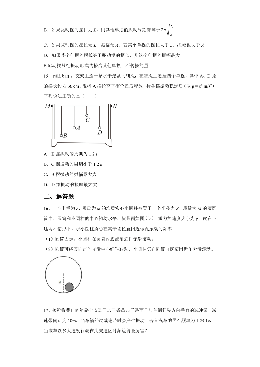 2.5受迫振动与共振 学科素养提升练-2021-2022学年高二上学期物理沪教版（2019）选择性必修第一册（word含答案）