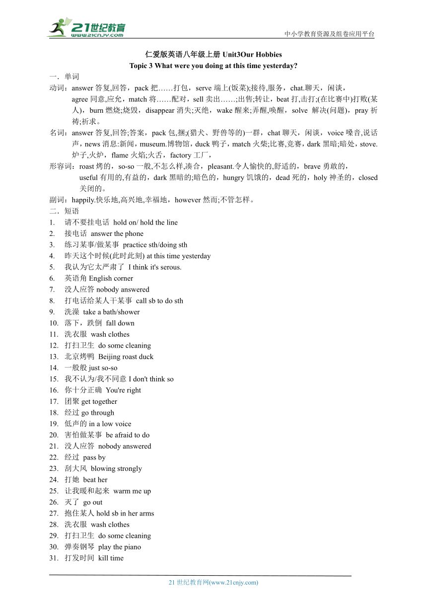 Unit 3 Topic 3 What were you doing at this time yesterday?  知识全解与专练（含答案）