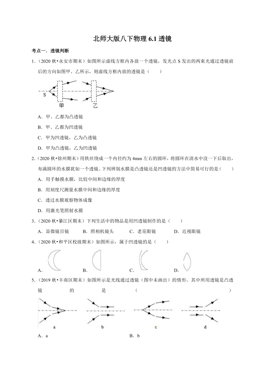 6.1 透镜—2020-2021学年北师大版八年级物理下册考点专训（含答案）