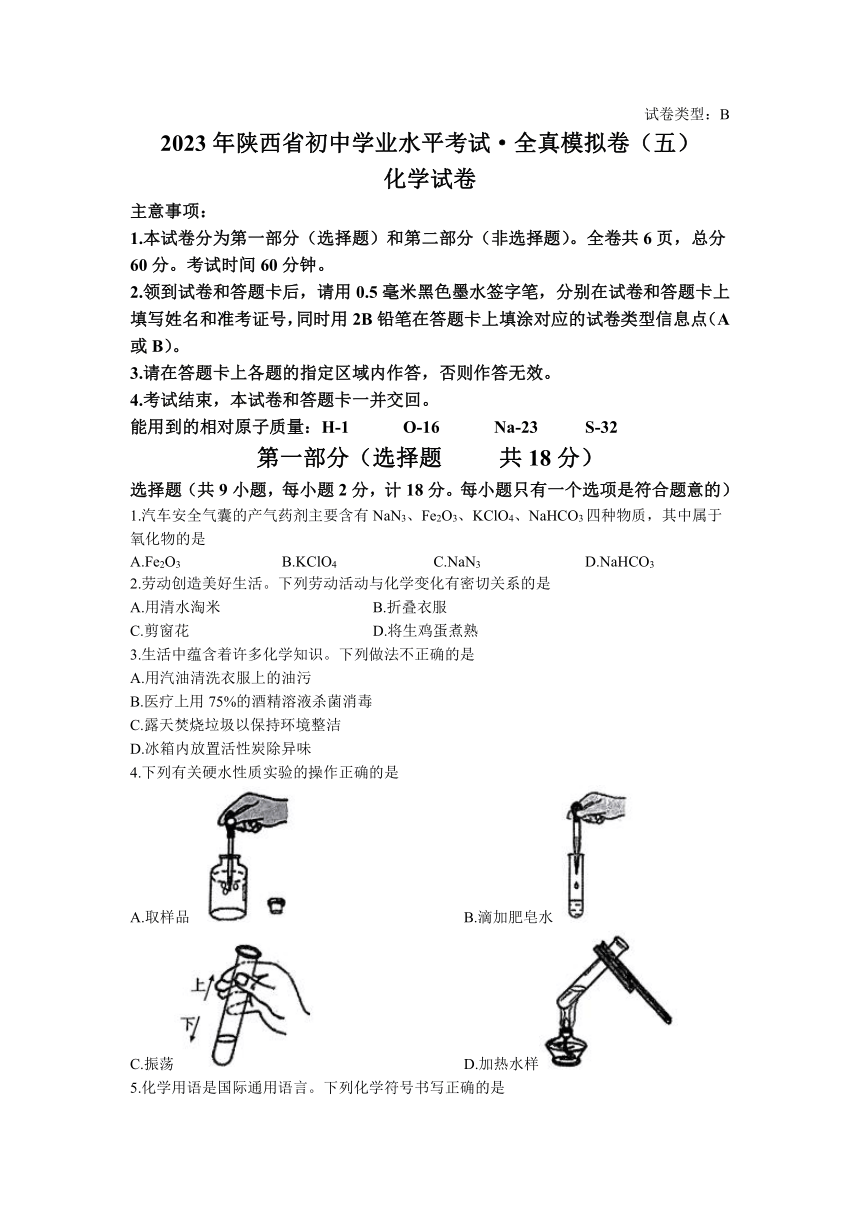 2023年陕西省汉中市初中学业水平考试全真模拟化学试题5B(无答案)