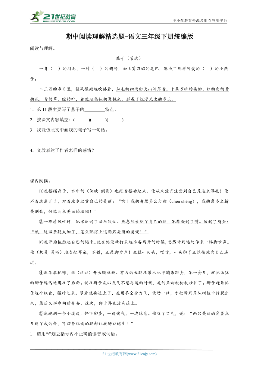 -统编版语文三年级下册期中阅读理解精选题（含答案）