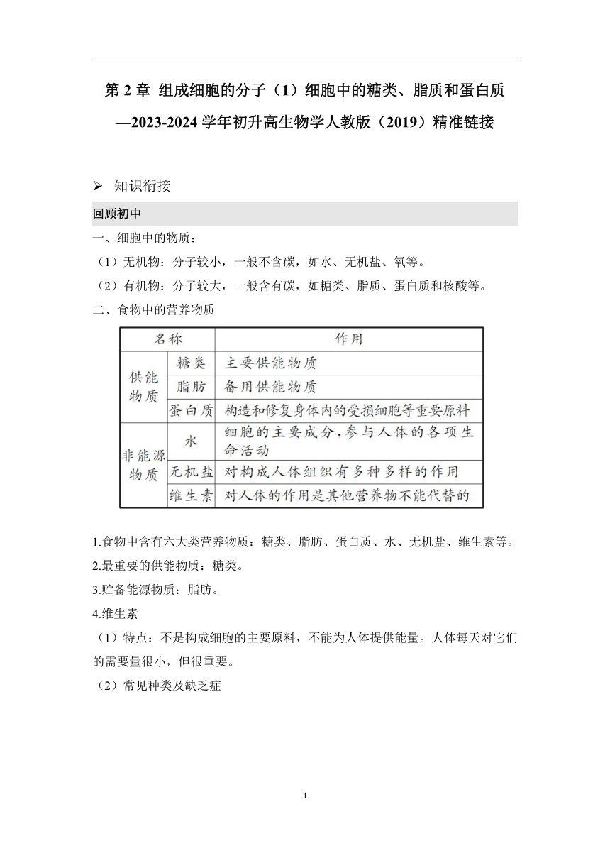 第2章 组成细胞的分子（1）细胞中的糖类、脂质和蛋白质学案（含解析）—2023-2024学年初升高生物学人教版（2019）精准链接