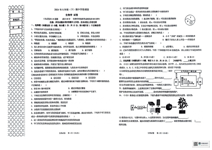 辽宁省大连市经济开发区2023-2024学年八年级下学期期中学期调查生物试卷（PDF版无答案）