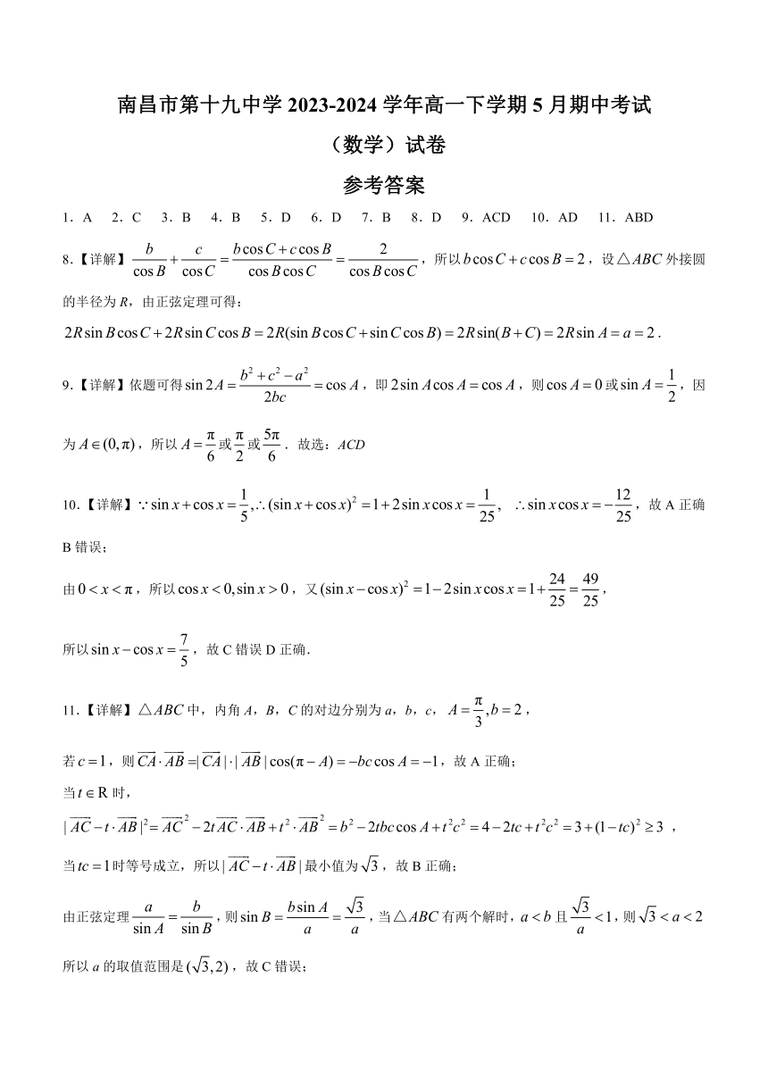 江西省南昌市第十九中学2023-2024学年高一下学期5月期中考试数学试题（含答案）