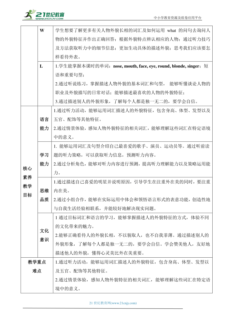 【新课标】Unit 9 What does he look like Section B(1a-1e) 表格式教学设计 人教版英语七年级下册