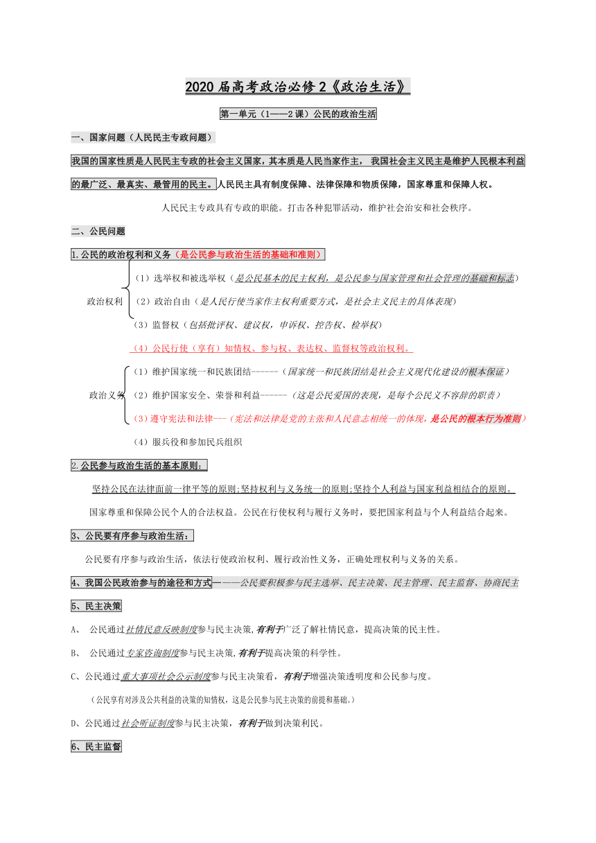 2020届必修2《政治生活》新版高考知识点背诵纲要