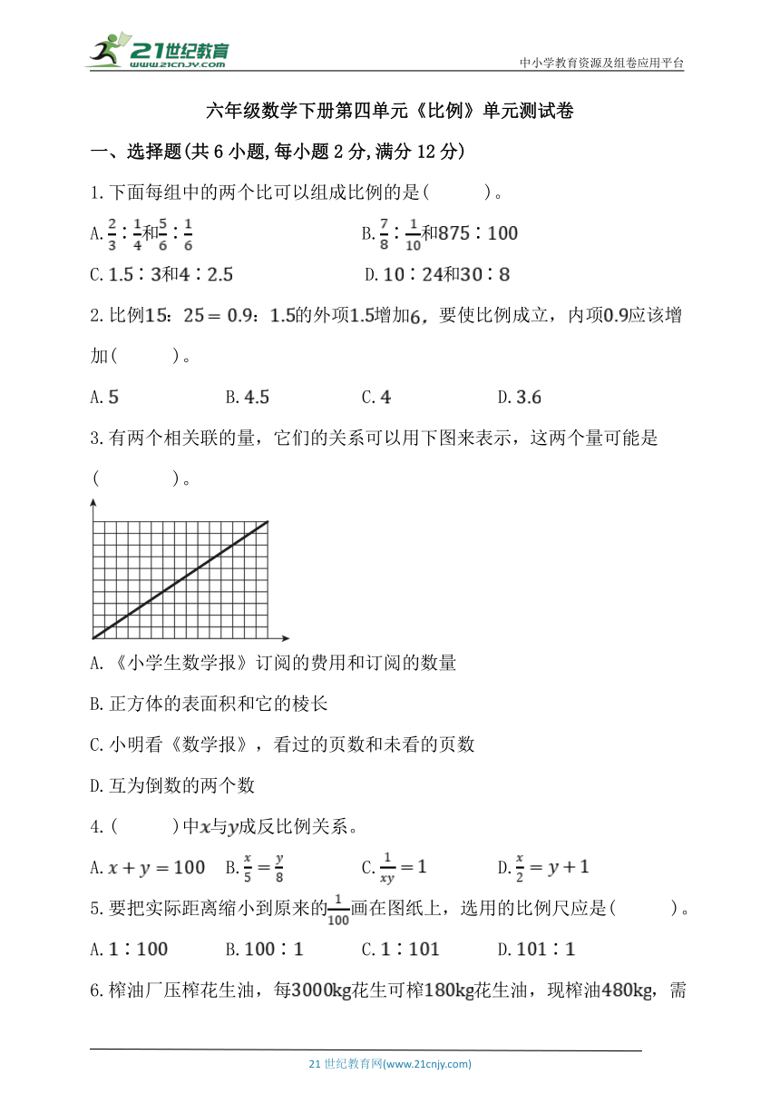 人教版六年级数学下册第四单元《比例》单元同步练习题 (含答案)