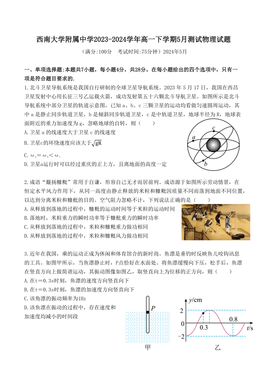 重庆市西南大学附属中学2023-2024学年高一下学期5月测试物理试题（含答案）